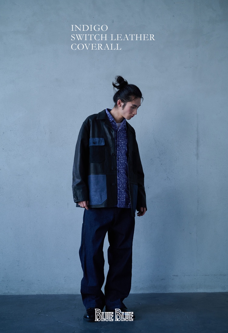 INDIGO SWITCH LEATHER COVERALL | BLUE BLUE | ブルーブルー