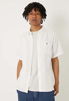 H Embroidered French Linen Button Down Short Sleeve Shirt