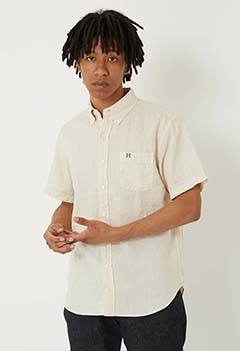 H Embroidered French Linen Button Down Short Sleeve Shirt