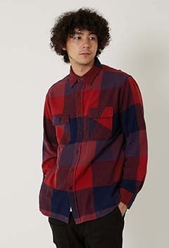 ブラッシュド インディゴ ブロックチェック ワークシャツ（S / RED）