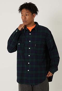 コットンフランネルチェック アシンメトリーフロントポケット ワークシャツ