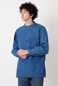 ジャカードデニム スタンドカラー プルオーバーシャツ