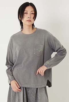 WWスラブテンジク ユーズドウォッシュ ポケットラウンドヘムロングスリーブTシャツ