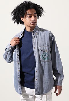 VINTAGE OLD GAP SMILE SUN EMBROIDERY DENIM SHIRT