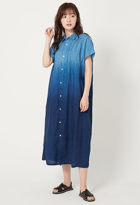 Blue Blue Japan ワンピース リネンホンアイグラデーション フロントタックシャツワンピース