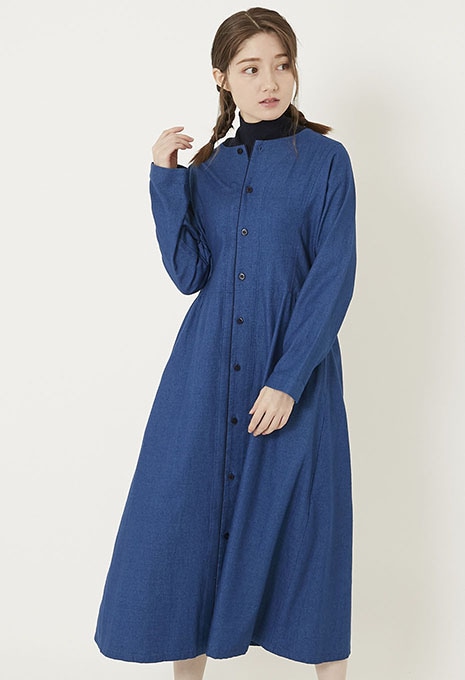 Blue Blue Japan ワンピース インディゴフランネル ウエストマーク シャツワンピース