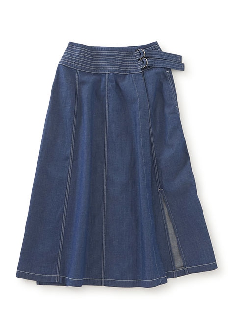 Work stitch linen denim long skirt