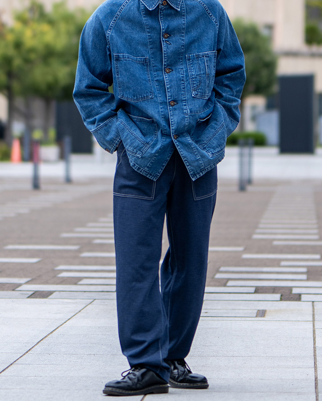 FLEECE LINED TWILL JERSEY WORK TROUSERS | BLUE BLUE | ブルーブルー