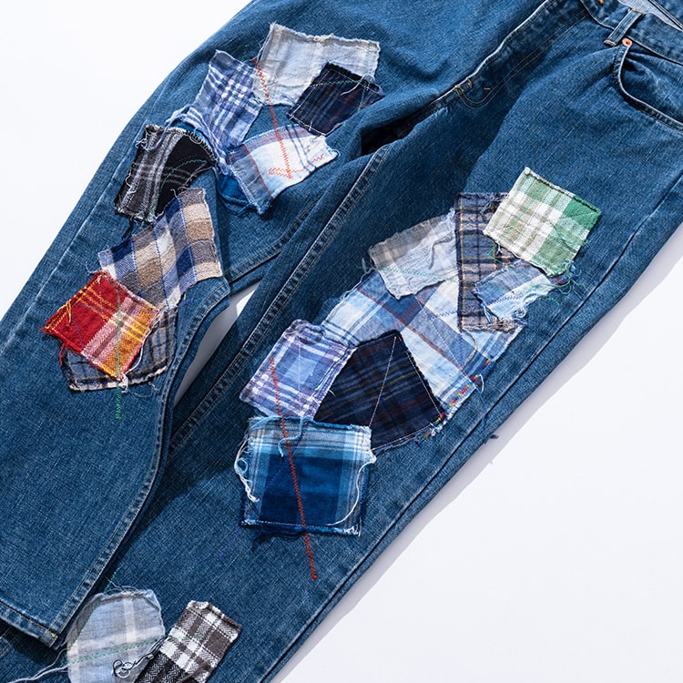 ランダムチェック パッチワーク ジーンズ