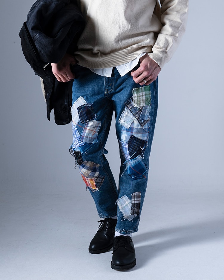 ランダムチェック パッチワーク ジーンズ
