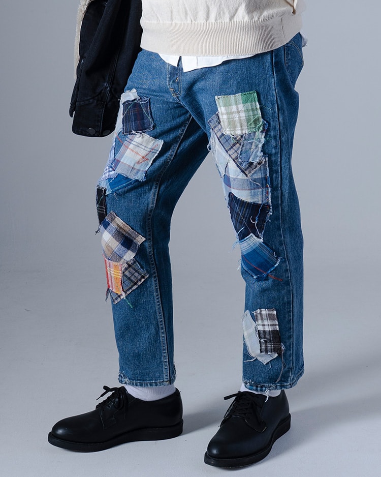 ランダムチェック パッチワーク ジーンズ