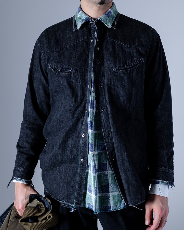 レイヤードリメイクデニム サドルシャツ
