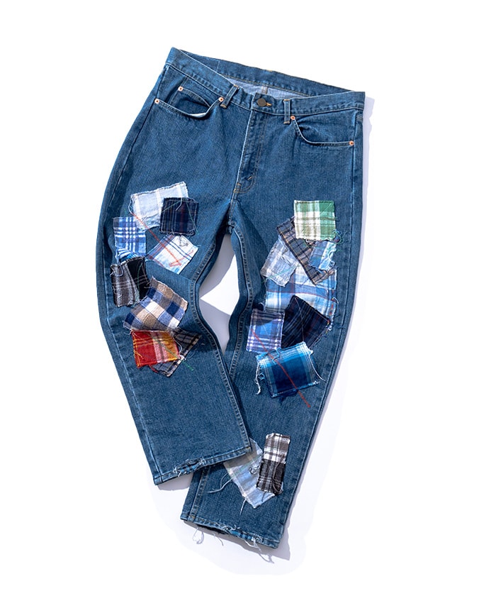 ランダムチェック パッチワーク ジーンズ